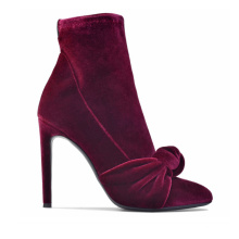 Ladies round-toe knotted wine red velvet high-heeled ankle boots and woman boots